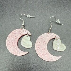 Cresent Moon Earrings - Pink and White Acrylic with Heart Accents